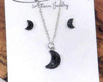 Moon Crushed Black Tourmaline Jewelry Set Stud Earrings 18" Necklace Gift Set