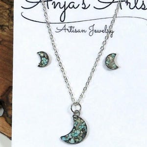 Moon Jewelry Gift Set Stud Earrings 18&quot; Necklace Crushed Blue Turquoise Stone