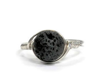 Basalt Ring Black Lava Rock .999 Fine Silver Wire Wrapped Ring