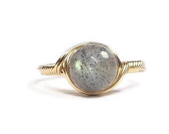 LG Faceted Labradorite 14k Yellow Gold Fill Wire Wrapped Stone Ring