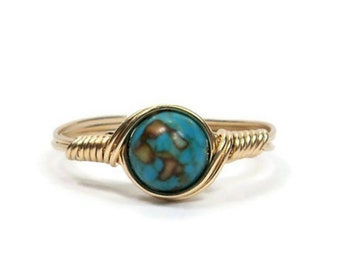 Mosaic Turquoise 14k Yellow Gold Filled Wire Wrapped Ring