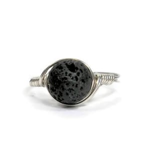 Basalt Ring Black Lava Rock .999 Fine Silver Wire Wrapped Ring