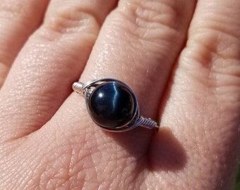 LG Blue Tigers Eye Stone .999 Fine Silver Wire Wrapped Ring
