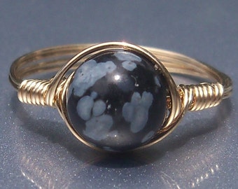 LG Snowflake Obsidian Ring, Stone Ring, 14k Yellow Gold Fill Ring, Wire Wrapped Ring, Custom Sized Ring