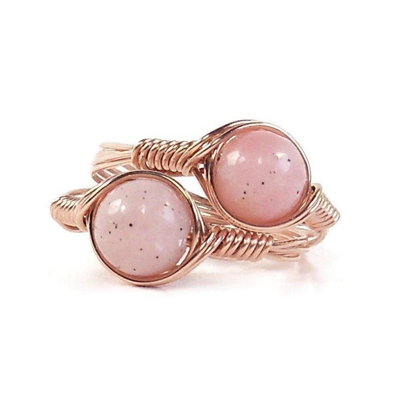 Pink Peruvian Opal Ring, 14k Rose Gold Filled Ring, Wire Wrapped Gemstone Ring, Stone Ring