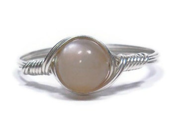 Peach Moonstone .999 Fine Silver Wire Wrapped Stone Ring