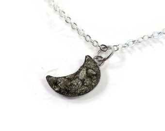 Pyrite Fool's Gold Moon Silver Plated 18" Crushed Stone Necklace