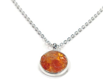 Orange Carnelian Silver Plated Necklace 18" Crushed Stone Necklace