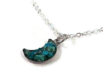 Chrysocolla Moon Silver Plated 18" Crushed Stone Necklace