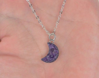 Purple Amethyst Moon Necklace Crushed Stone Silver Plated 18"