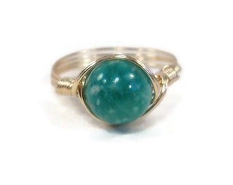 LG Russian Amazonite 14k Gold Filled Wire Wrapped Ring