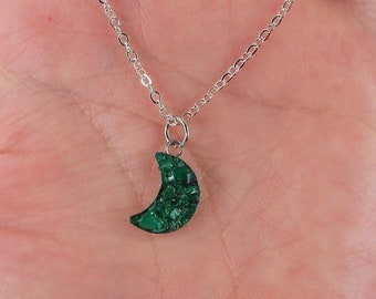 Green Malachite Moon Silver Plated Necklace 18" Crushed Stone
