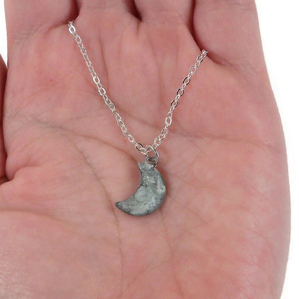 Aquamarine Moon Silver Plated Necklace 18" Crushed Stone