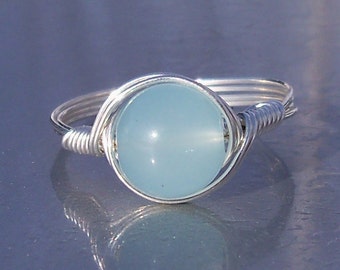 Lg Light Blue Glass .999 Fine Silver Wire Wrapped Ring