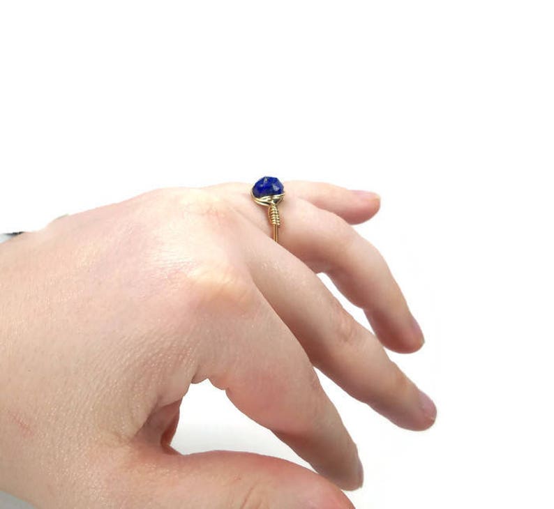 Lg Blue Lapis Lazuli Star Facet 14k Yellow Gold Wire Wrapped Ring Custom Sized image 9