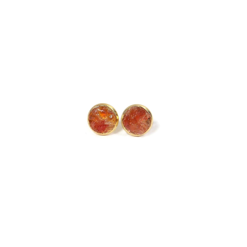8mm Crushed Orange Carnelian Stone Gold Tone Stud Earrings