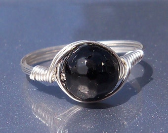 LG Faceted Black Tourmaline .999 Fine Silver Wire Wrapped Ring Custom Sized