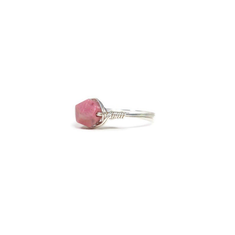 Lg Star Facet Pink Rhodonite Wire Wrapped Ring Custom Sized 14k Yellow Gold Fill Rose Gold Fill .999 Fine Silver image 2