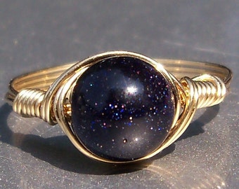 Lg Blue Goldstone 14k Yellow Gold Filled Wire Wrapped Ring Custom Sized