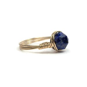 Lg Blue Lapis Lazuli Star Facet 14k Yellow Gold Wire Wrapped Ring Custom Sized image 7