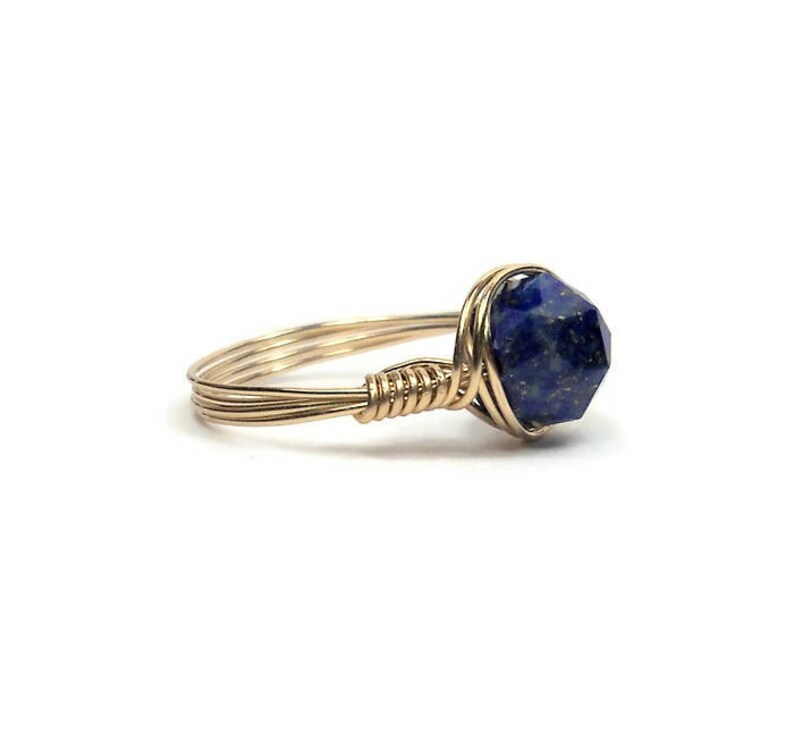 Lg Blue Lapis Lazuli Star Facet 14k Yellow Gold Wire Wrapped Ring Custom Sized image 7