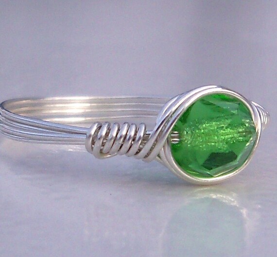 Clover Green Czech Glass .999 Fine Silver Wire Wrapped Ring