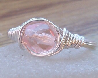 Wire Wrapped Ring Peachy Pink Czech Glass .999 Fine Silver