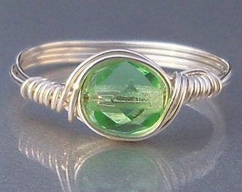 Celery Czech Glass .999 Fine Silver OR 14k Gold Filled Wire Wrapped Ring