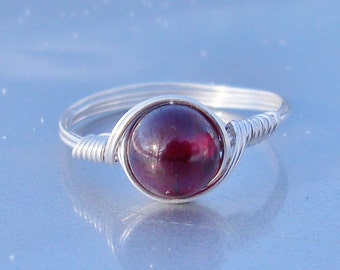 Red Garnet Gemstone .999 Fine Silver Wire Wrapped January Birthstone Ring