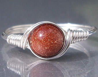 Brown Goldstone .999 Fine Silver Wire Wrapped Ring Custom Sized