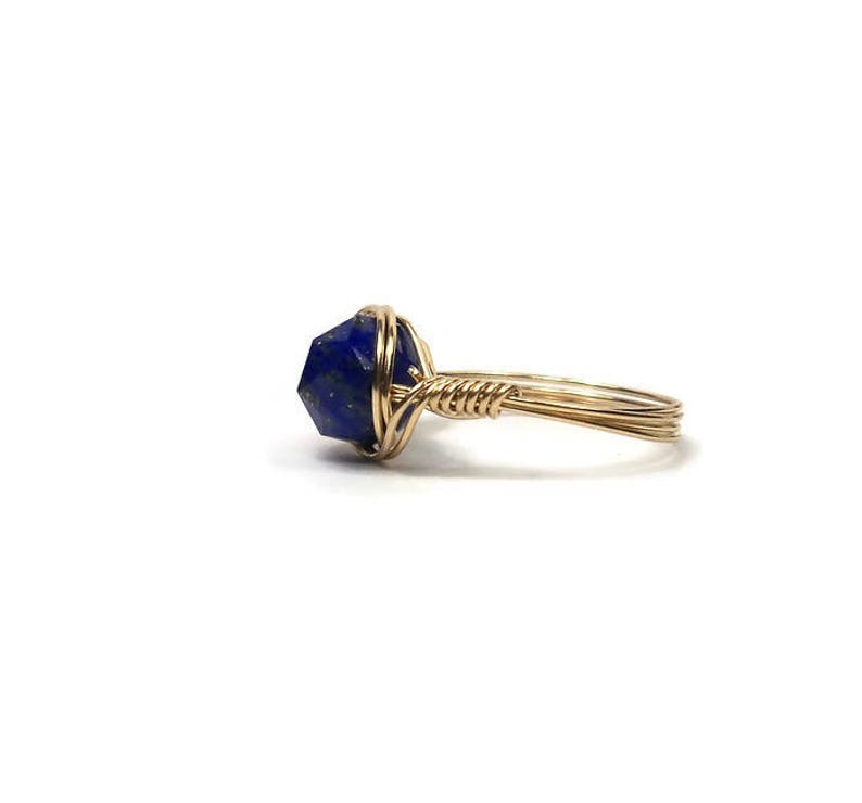 Lg Blue Lapis Lazuli Star Facet 14k Yellow Gold Wire Wrapped Ring Custom Sized image 5