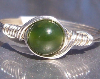 Nephrite Jade Ring Custom Sized .999 Fine Silver Wire Wrapped Ring