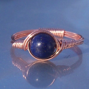 Blue Lapis Lazuli and Copper Wire Wrapped Ring