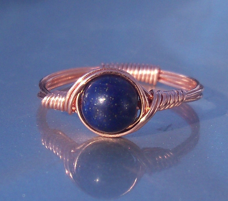 Blue Lapis Lazuli and Copper Wire Wrapped Ring image 1