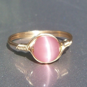 Lg Pink Cat&#39;s Eye 14k Yellow Gold Filled Wire Wrapped Gemstone Ring Custom Sized