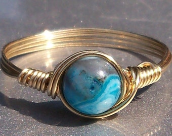 Blue Crazy Lace Agate 14k Yellow Gold Filled Wire Wrapped Ring