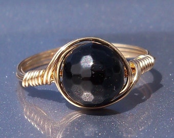 LG Black Tourmaline Faceted 14k Yellow Gold Fill Wire Wrapped Ring Custom Sized