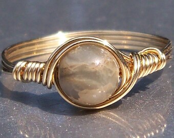 Natural Aqua Terra Jasper 14k Yellow Gold Filled Custom Sized Wire Wrapped Ring