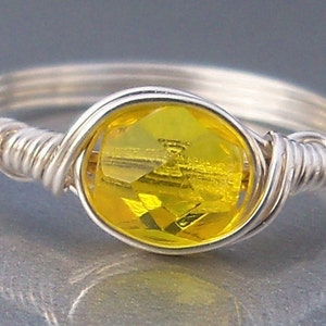 Wire Wrapped Ring Electric Yellow Czech Glass .999 Fine Silver Lemon Zest image 1