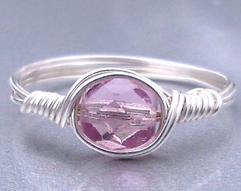 Violet Czech Glass .999 Fine Silver or 14k Gold Filled Wire Wrapped Ring