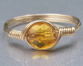 Honey Czech Glass 14k Yellow Gold Fill Wire Wrapped Ring