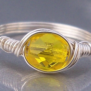 Wire Wrapped Ring Electric Yellow Czech Glass .999 Fine Silver Lemon Zest image 2