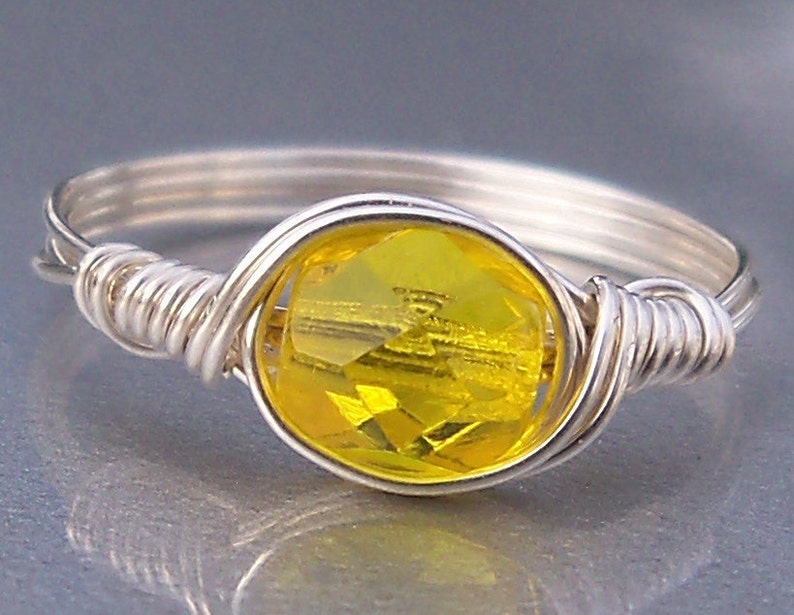 Wire Wrapped Ring Electric Yellow Czech Glass .999 Fine Silver Lemon Zest image 2