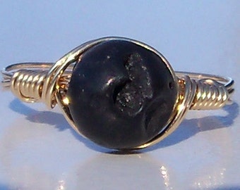 Lg Black Lava Basalt Rock 14k Gold Filled Wire Wrapped Ring