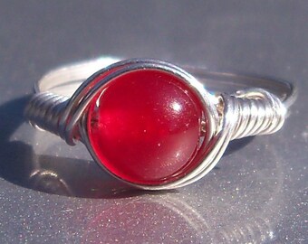 Red Jade .999 Fine Silver Custom Sized Wire Wrapped Ring