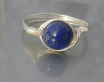 LG Blue Lapis Lazuli Argentium Sterling Silver Custom Sized Wire Wrapped Gemstone Ring