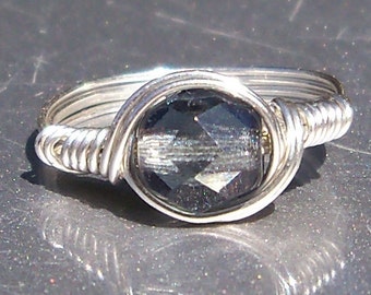Midnight Czech Glass Argentium Sterling Silver Wire Wrapped Ring