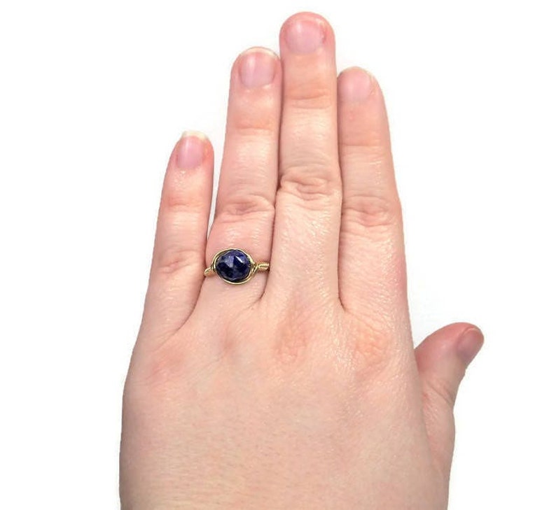 Lg Blue Lapis Lazuli Star Facet 14k Yellow Gold Wire Wrapped Ring Custom Sized image 1