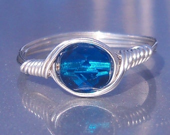 Deep Blue Sea Czech Glass .999 Fine Silver Wire Wrapped Ring