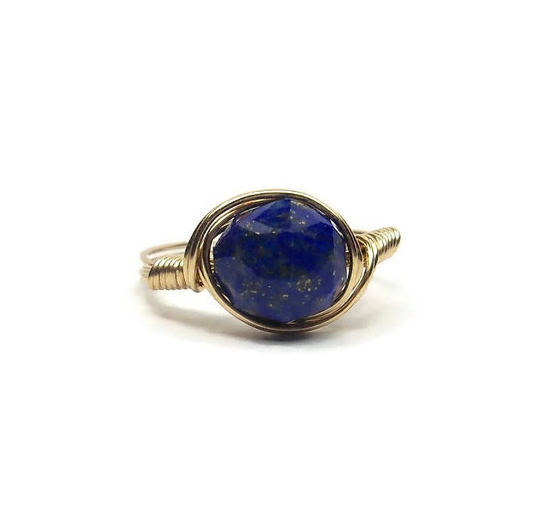 Lg Blue Lapis Lazuli Star Facet 14k Yellow Gold Wire Wrapped Ring Custom Sized image 3